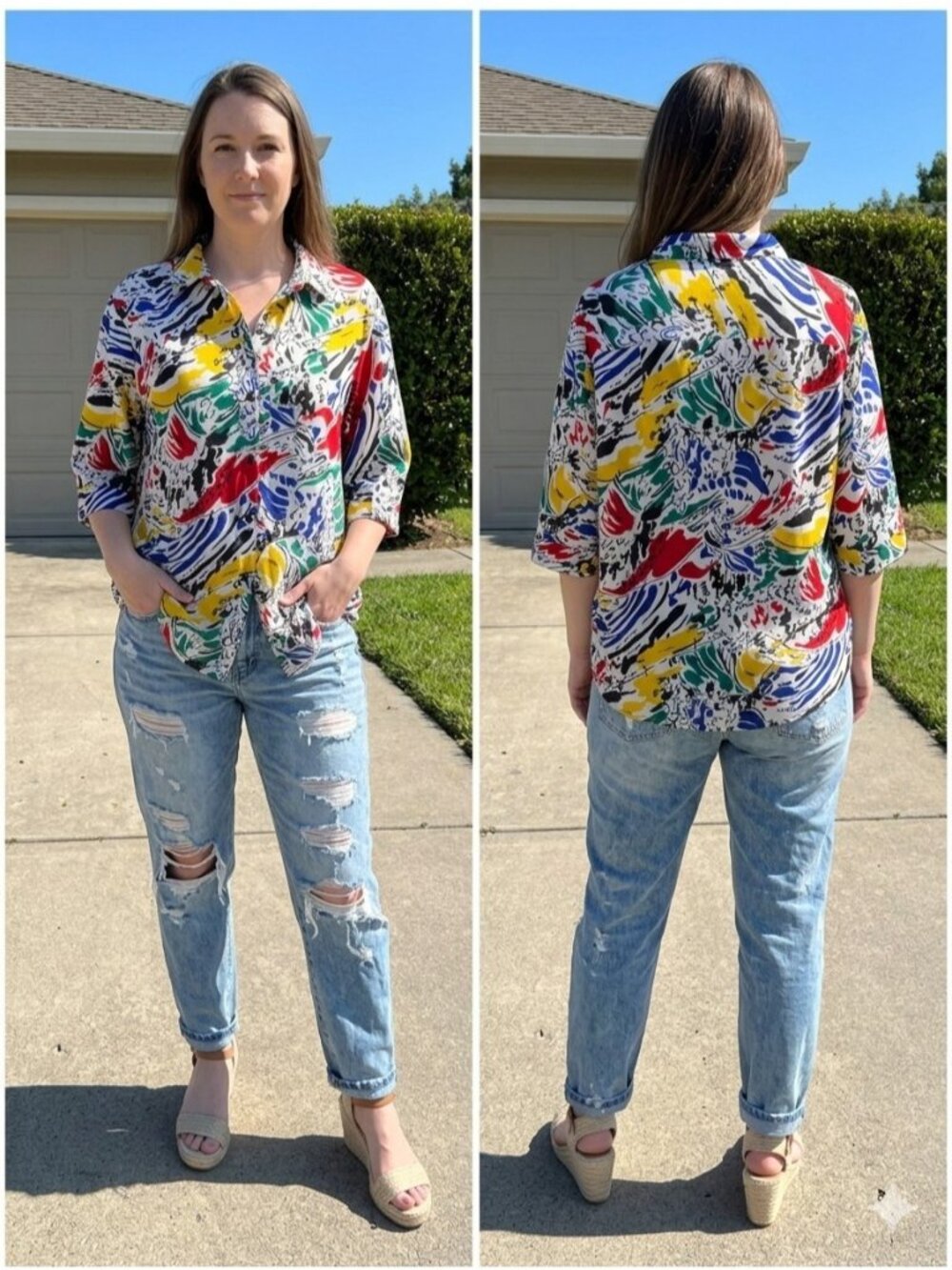 Vintage 80s Top Notch Abstract Art Paint Splatter Button Up Shirt Women Plus 18W